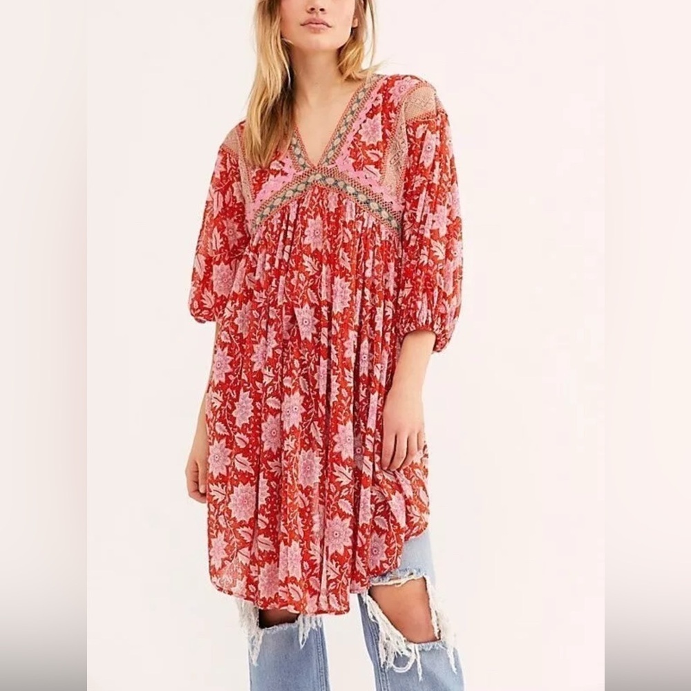 Free People moon child printed crochet inset colorful maxi top XS